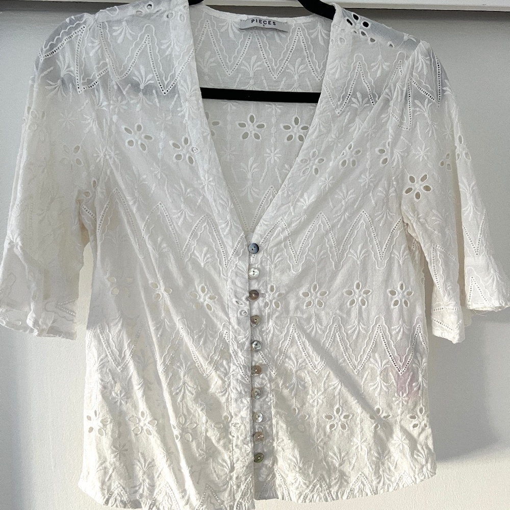 Pieces Asos White Broderie Anglaise Blouse Size S